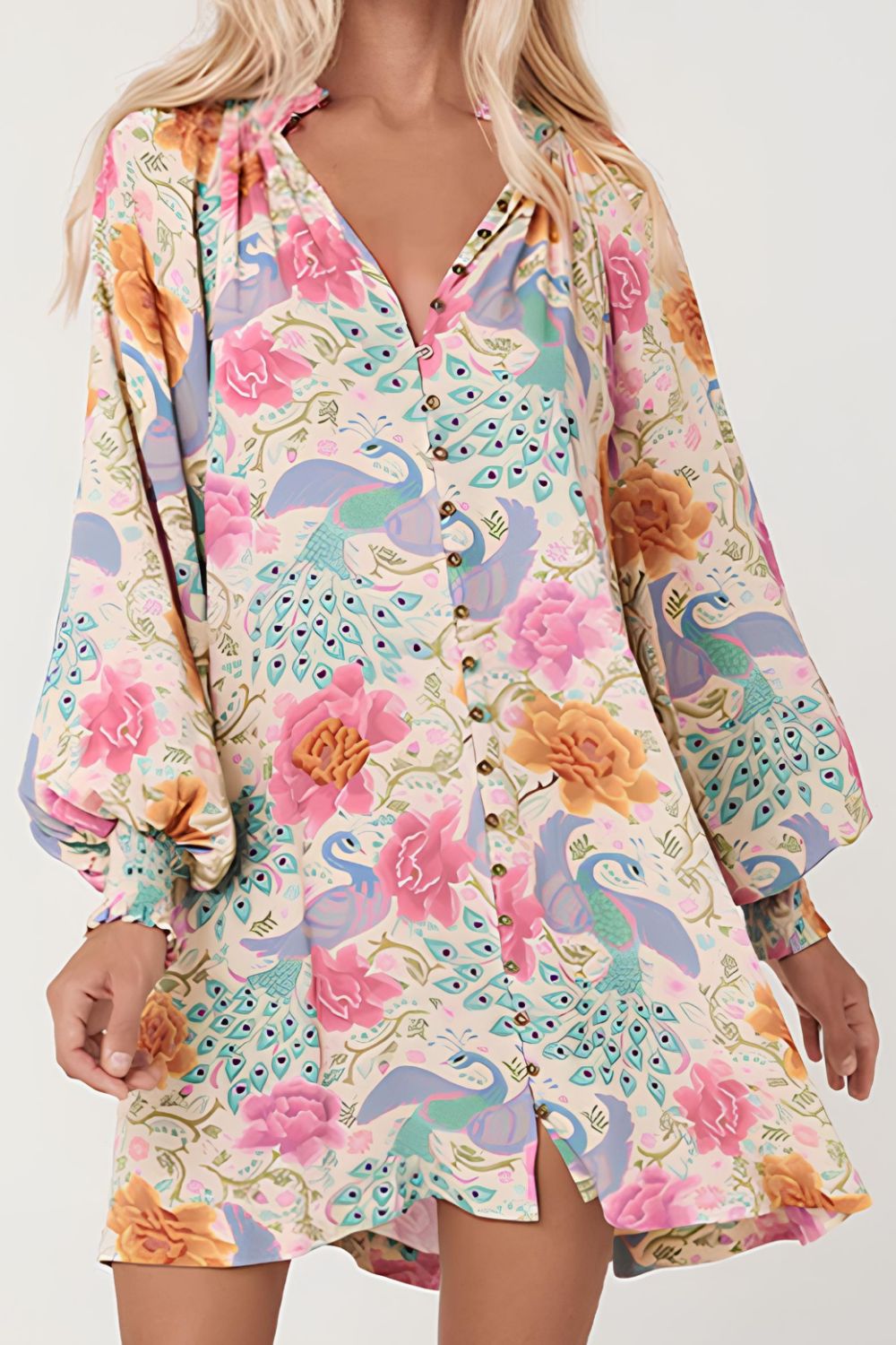 Vestido estampado elegante de Trendsi con mangas abultadas y estampado floral colorido
