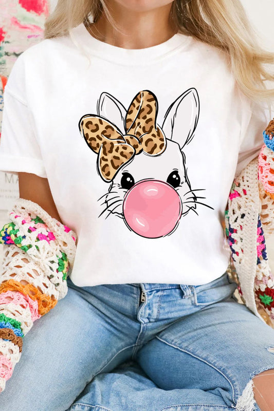 Camiseta estampado conejo con diseño divertido de conejo con chicle y moño de animal print