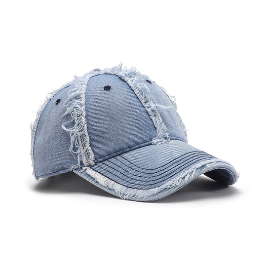 Gorra de béisbol de algodón de mezclilla desgastada con diseño moderno y detalles deshilachados