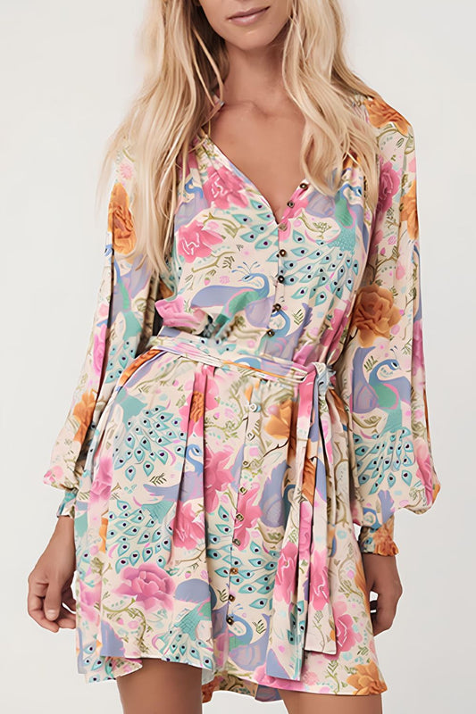 Vestido estampado elegante de Trendsi con mangas largas y cinturilla ajustable en colores vibrantes