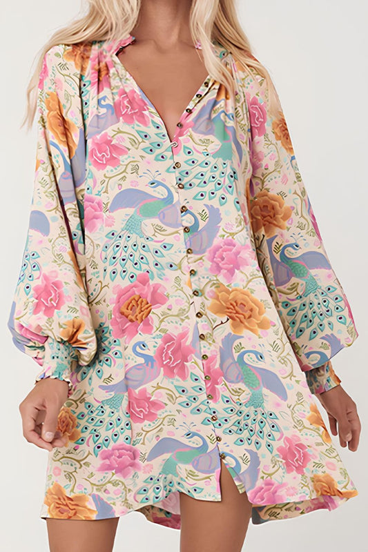 Vestido estampado elegante de Trendsi con mangas abultadas y estampado floral colorido